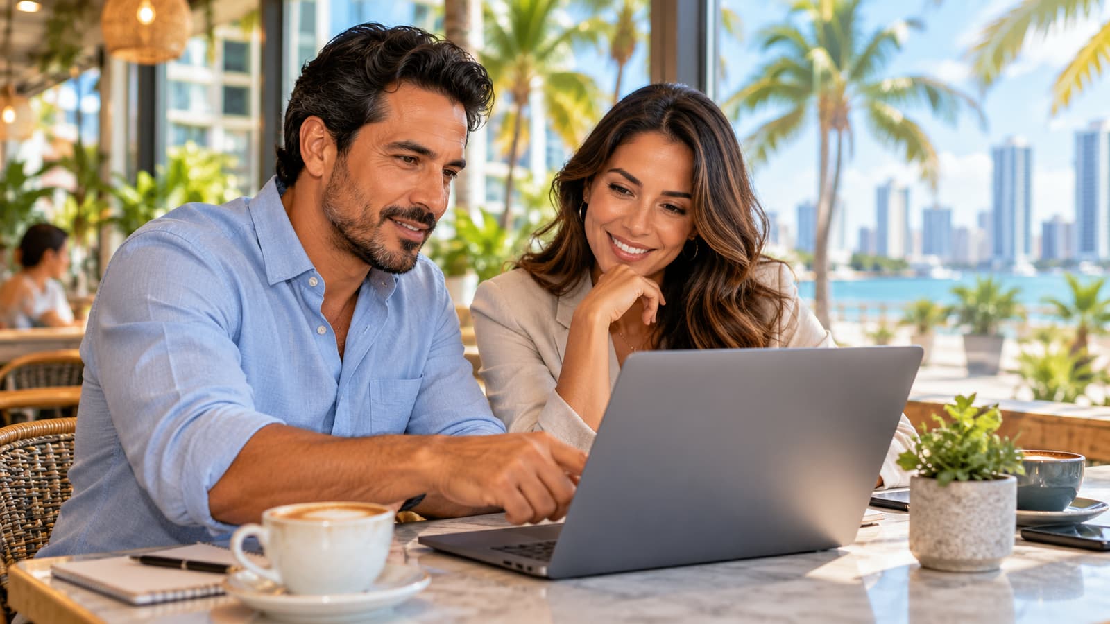 Two Miami business owners reviewing their Google profile on a laptop
