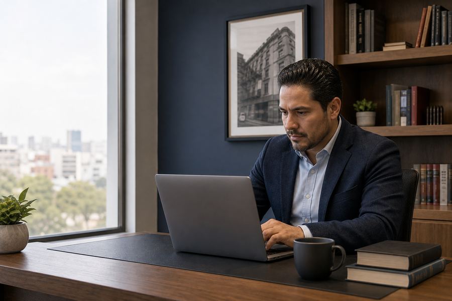 Attorney working at his desk with his firm's profile open on a laptop