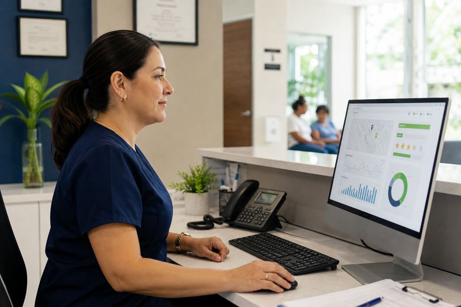 Clinic front desk staff reviewing their Google Maps presence and reviews on screen