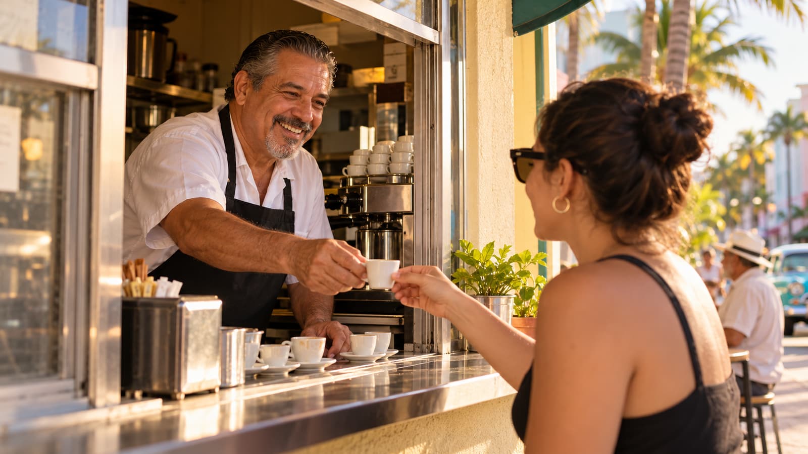 Restaurant owner serving customers at a coffee window