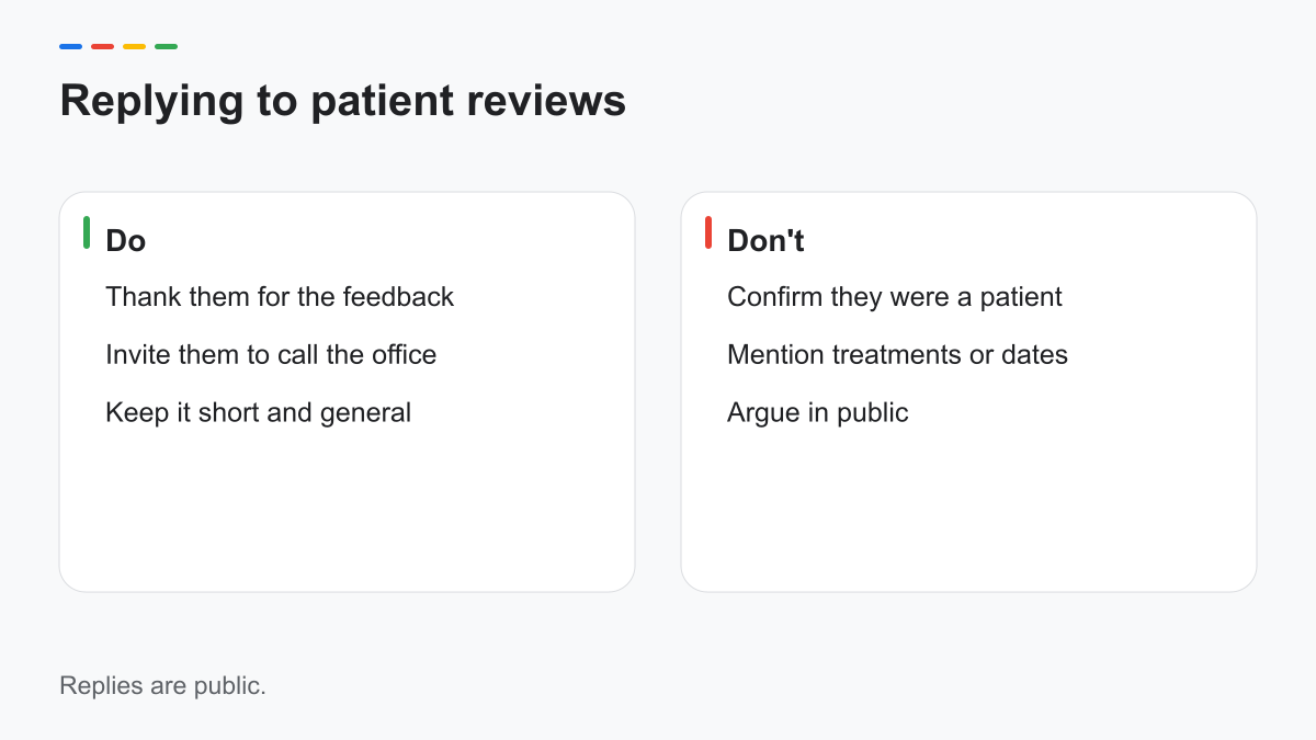Do and don't examples for replying to patient reviews
