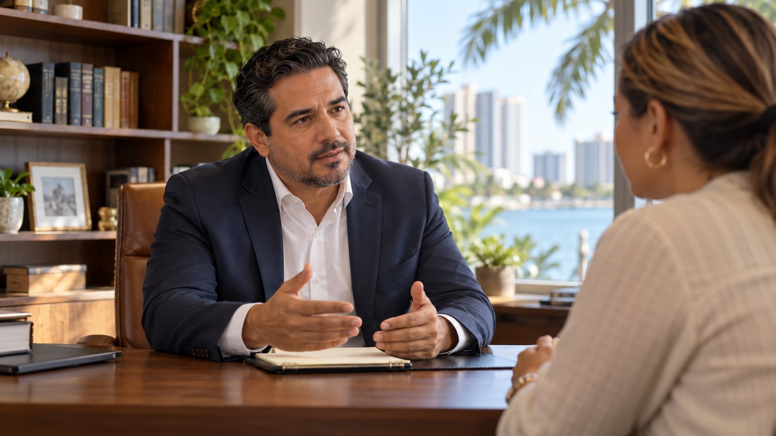 Attorney talking with a client in a law office