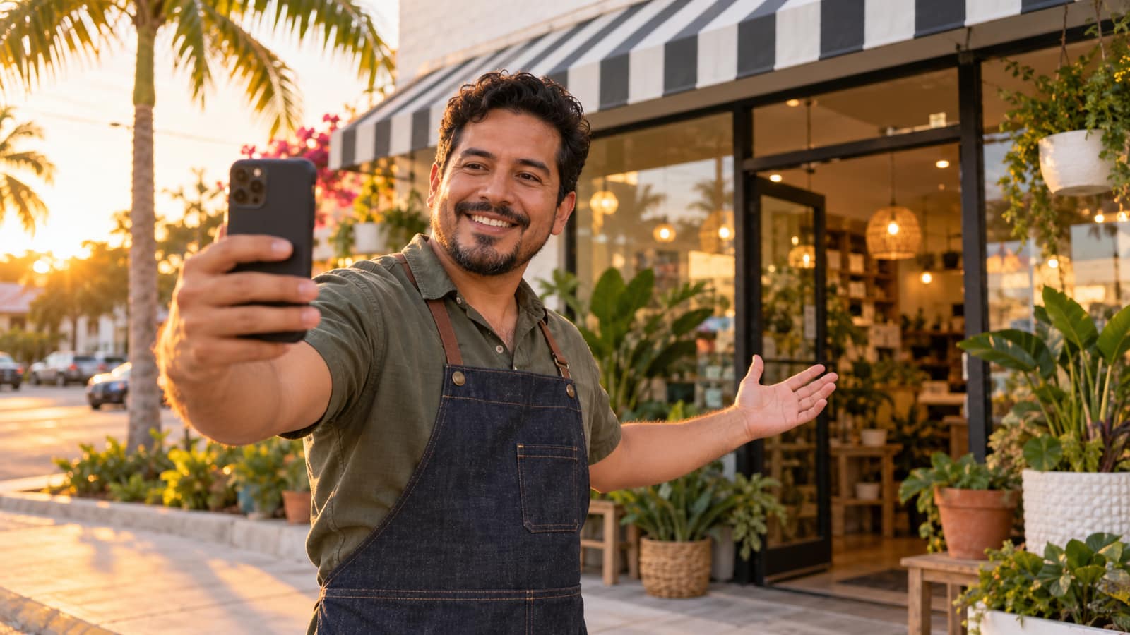 Business owner recording a verification video outside his shop